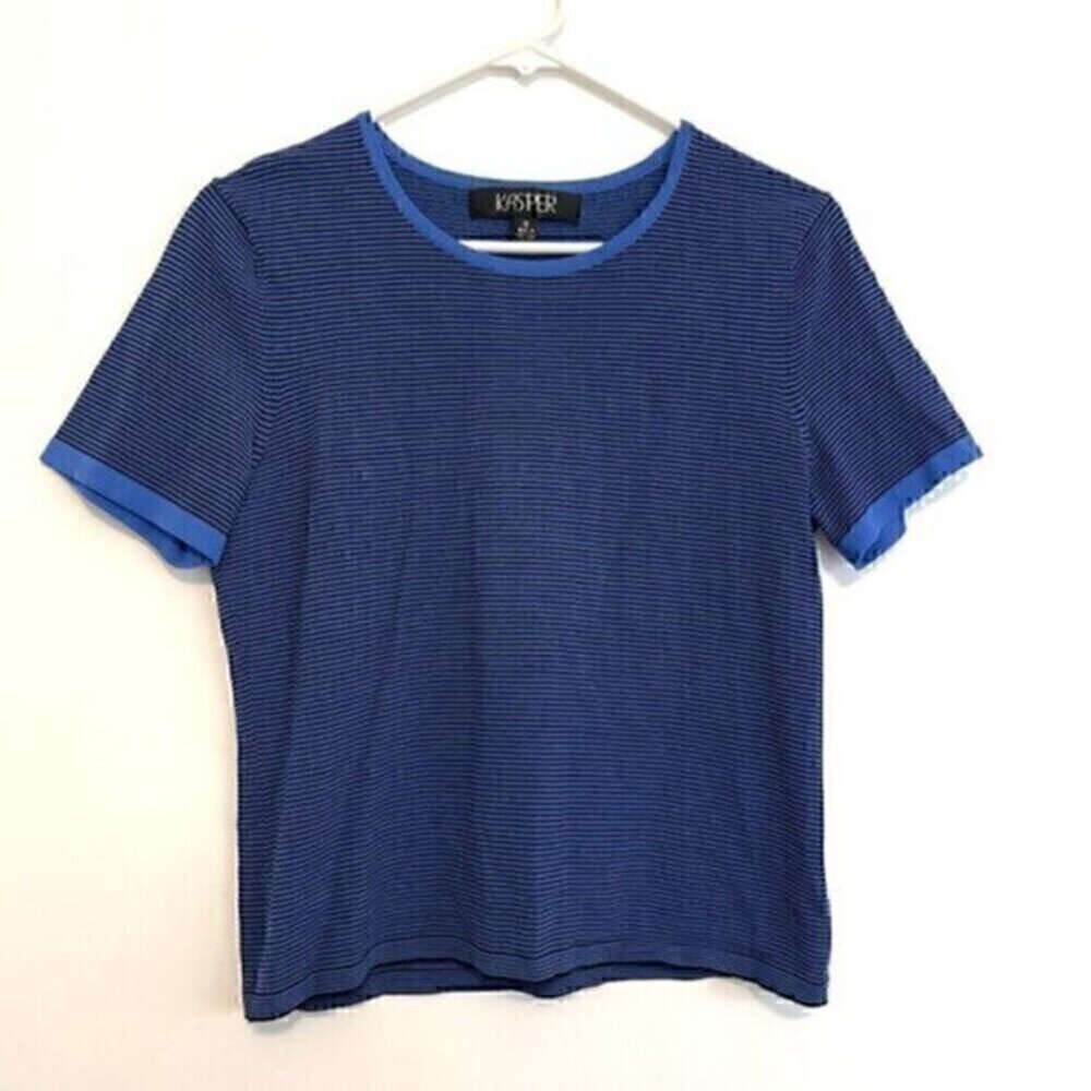 KASPER Blue Black Horizontal Striped Short Sleeve Office Preppy Knit Sweater Top